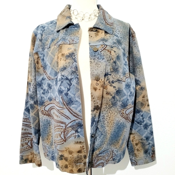 Marsh Landing Women's Denim Jacket L Blue Brown Paisley Floral Print 100% Cotton - Picture 2 of 12
